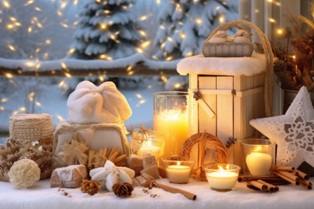 Luxury Cozy warm Christmas background with gift box, ornament decorations and white golden warm tone, happy new year celebration, festive design scene.の素材