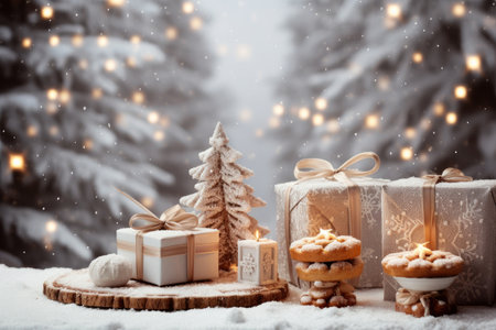 Luxury Cozy warm Christmas background with gift box, ornament decorations and white golden warm tone, happy new year celebration, festive design scene.の素材