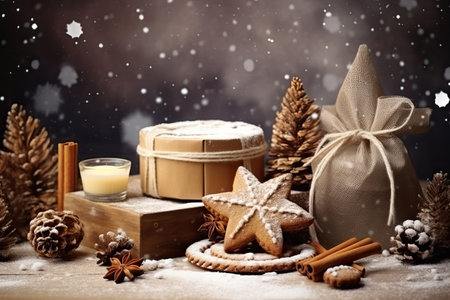 Luxury Cozy warm Christmas background with gift box, ornament decorations and white golden warm tone, happy new year celebration, festive design scene.の素材