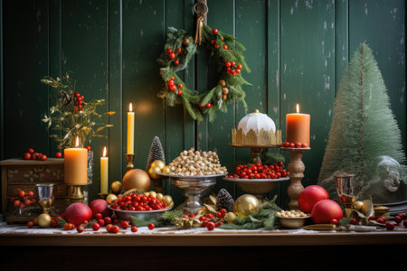 Christmas party celebration with dinner meal on table, Happy new year and Xmas scene, Dessert for party invitation.の素材