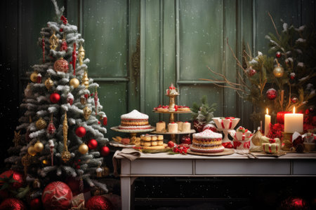 Christmas party celebration with dinner meal on table, Happy new year and Xmas scene, Dessert for party invitation.の素材
