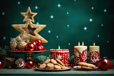 Christmas party celebration with dinner meal on table, Happy new year and Xmas scene, Dessert for party invitation.の素材