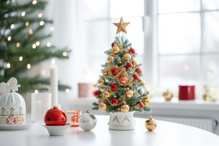 Christmas holiday background decorate with gift boxes, tree and ornaments, happy new year celebration, festive design scene.の素材