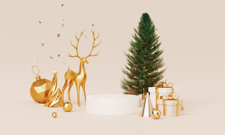 Christmas backgrounds with podium stage platform in minimal New year event theme. Merry Christmas scene for product display mock up banner. Empty stand pedestal decor in Xmas winter scene. 3D render.の写真素材
