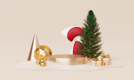 Christmas backgrounds with podium stage platform in minimal New year event theme. Merry Christmas scene for product display mock up banner. Empty stand pedestal decor in Xmas winter scene. 3D render.の写真素材
