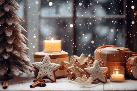 Christmas holiday background decorate with gift boxes, tree and ornaments, happy new year celebration, festive design scene.の素材