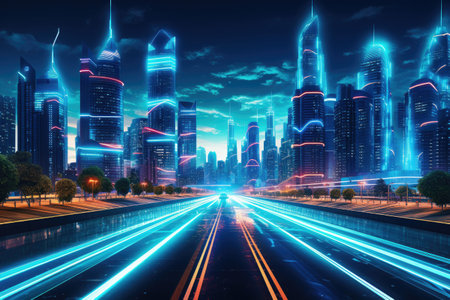 Futuristic city technology with digital glowing light reflection, smart modern mega city, neon technology background, Night life Smart futuristic city big data technology concept.の素材