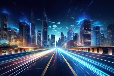 Futuristic city technology with digital glowing light reflection, smart modern mega city, neon technology background, Night life Smart futuristic city big data technology concept.の素材