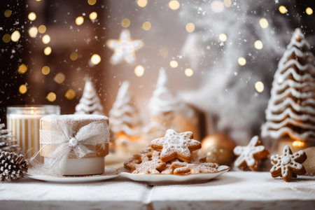 Christmas holiday background decorate with gift boxes, tree and ornaments, happy new year celebration, festive design scene.の素材