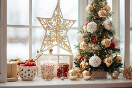 Christmas holiday background decorate with gift boxes, tree and ornaments, happy new year celebration, festive design scene.の素材