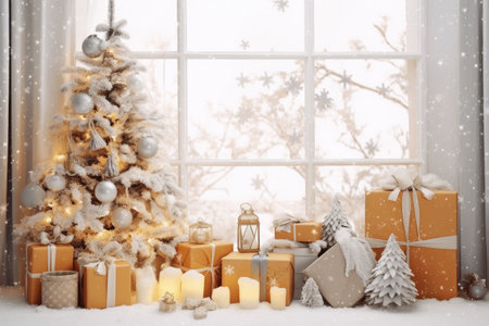 Christmas holiday background decorate with gift boxes, tree and ornaments, happy new year celebration, festive design scene.の素材