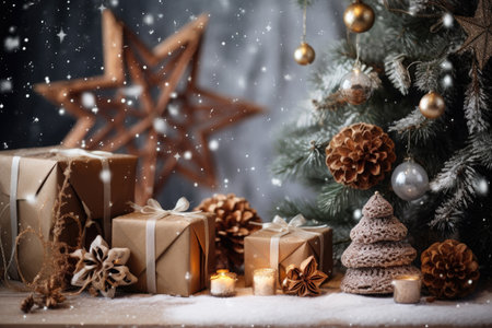 Christmas holiday background decorate with gift boxes, tree and ornaments, happy new year celebration, festive design scene.の素材