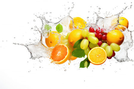 Water swirl wave splash with falling mix berries and fresh fruits isolated on white background, Tropical juice or cocktail drinks, summer beverage concept.の素材