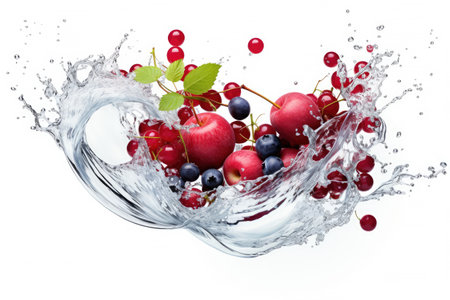 Water swirl wave splash with falling mix berries and fresh fruits isolated on white background, Tropical juice or cocktail drinks, summer beverage concept.の素材