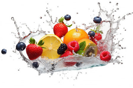 Water swirl wave splash with falling mix berries and fresh fruits isolated on white background, Tropical juice or cocktail drinks, summer beverage concept.の素材