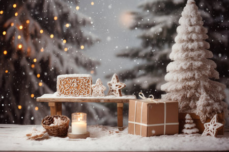 Christmas holiday background decorate with gift boxes, tree and ornaments, happy new year celebration, festive design scene.の素材