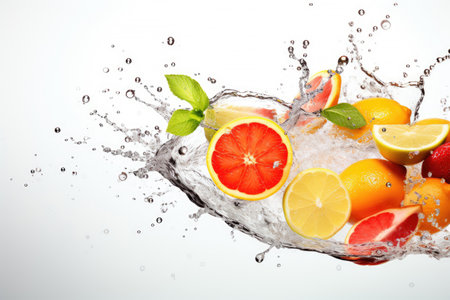 Water swirl wave splash with falling mix berries and fresh fruits isolated on white background, Tropical juice or cocktail drinks, summer beverage concept.の素材