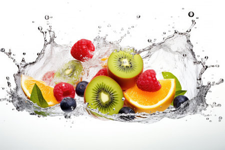 Water swirl wave splash with falling mix berries and fresh fruits isolated on white background, Tropical juice or cocktail drinks, summer beverage concept.の素材