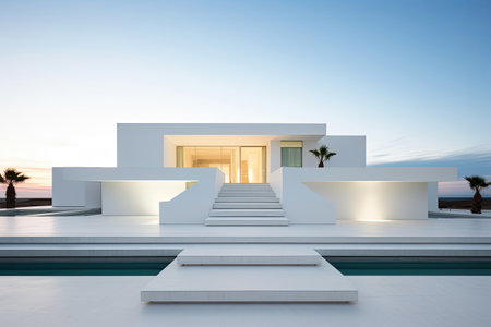 Abstract Architecture modern design. White contemporary and minimalist architecture building with empty interior, empty floor area.の素材