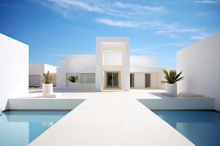 Abstract Architecture modern design. White contemporary and minimalist architecture building with empty interior, empty floor area.の素材