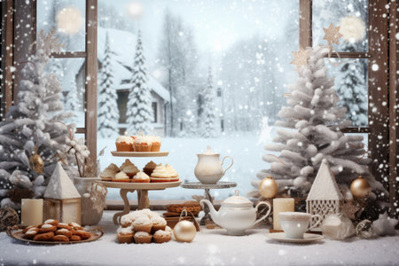Christmas party celebration with dinner meal on table, Happy new year and Xmas scene, Thanksgiving Food and Dessert for party invitation.の素材