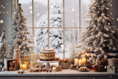 Christmas party celebration with dinner meal on table, Happy new year and Xmas scene, Thanksgiving Food and Dessert for party invitation.の素材