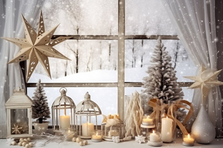 Christmas holiday background decorate with gift boxes, tree and ornaments, happy new year celebration, festive design scene.の素材