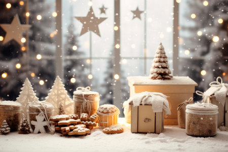 Christmas party celebration with dinner meal on table, Happy new year and Xmas scene, Thanksgiving Food and Dessert for party invitation.の素材