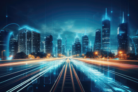 Futuristic city technology with digital glowing light reflection, smart modern mega city, neon technology background, Night life Smart futuristic city big data technology concept.の素材