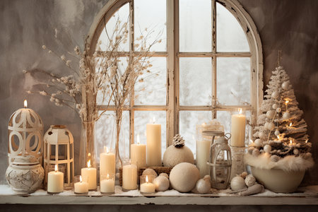 Christmas holiday background decorate with gift boxes, tree and ornaments, happy new year celebration, festive design scene.の素材