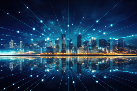 Futuristic city technology with digital glowing light reflection, smart modern mega city, neon technology background, Night life Smart futuristic city big data technology concept.の素材
