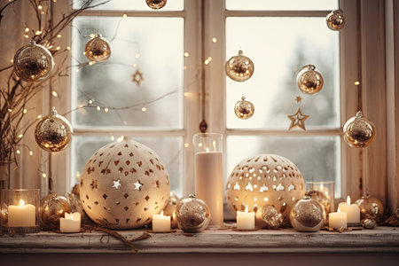 Christmas holiday background decorate with gift boxes, tree and ornaments, happy new year celebration, festive design scene.の素材