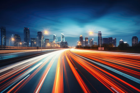 Long exposure high speed traffic light trails over a highway, Motorway and Junction in big city. High speed motion blur, light trails on motorway highway at night.の素材