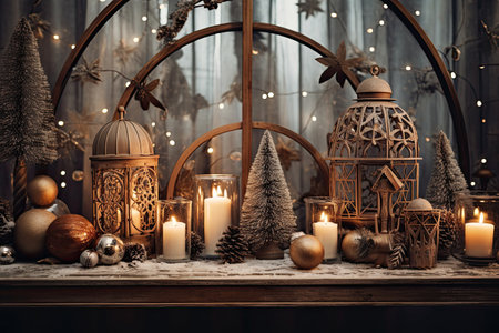 Christmas holiday in winter season decorate with gift boxes, tree and ornaments, Snowflakes background, Happy new year celebration, Special event scene with copy space.の素材