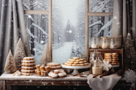 Christmas holiday in winter season decorate with gift boxes, tree and ornaments, Snowflakes background, Happy new year celebration, Special event scene with copy space.の素材