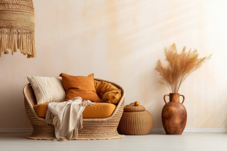 Interior decoration with Boho style and cozy warm tone bright colors, Scandinavian and modern style with wicker vases, minimal decor design concept.の素材