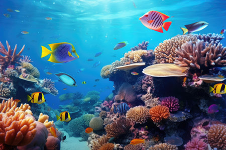 Underwater with colorful sea life fishes and plant at seabed background, Colorful Coral reef landscape in the deep of ocean. Marine life concept, Underwater world scene.の素材
