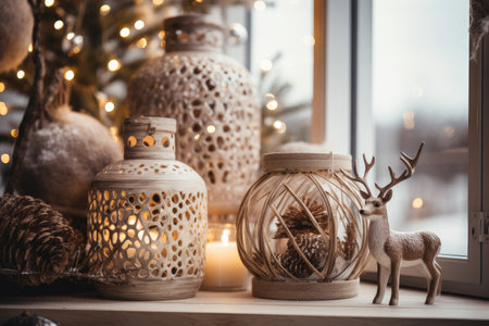Christmas holiday in winter season decorate with gift boxes, tree and ornaments, Snowflakes background, Happy new year celebration, Special event scene with copy space.の素材