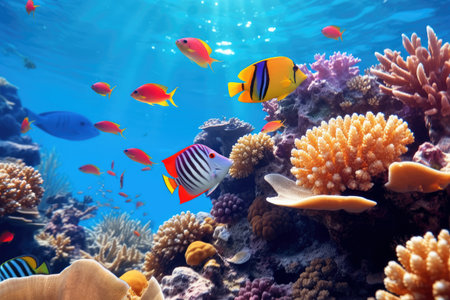 Underwater with colorful sea life fishes and plant at seabed background, Colorful Coral reef landscape in the deep of ocean. Marine life concept, Underwater world scene.の素材