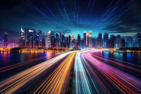 Long exposure high speed traffic light trails over a highway, Motorway and Junction in big city. High speed motion blur, light trails on motorway highway at night.の素材