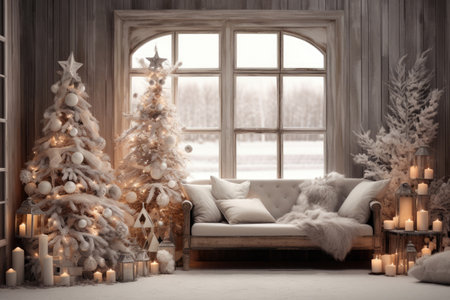 Christmas holiday background decorate with gift boxes, tree and ornaments, happy new year celebration, festive design scene.の素材