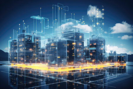 Futuristic city technology with digital glowing light reflection, smart modern mega city, neon technology background, Night life Smart futuristic city big data technology concept.の素材