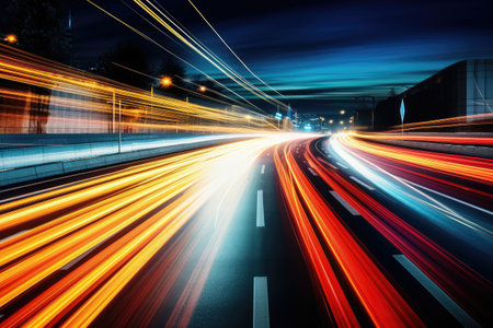 Long exposure high speed traffic light trails over a highway, Motorway and Junction in big city. High speed motion blur, light trails on motorway highway at night.の素材