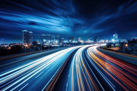 Long exposure high speed traffic light trails over a highway, Motorway and Junction in big city. High speed motion blur, light trails on motorway highway at night.の素材