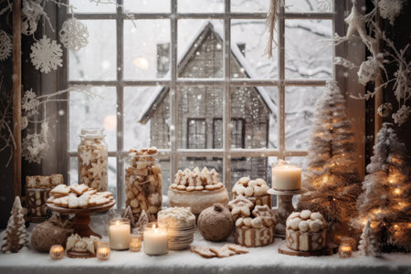 Christmas holiday in winter season decorate with gift boxes, tree and ornaments, Snowflakes background, Happy new year celebration, Special event scene with copy space.の素材