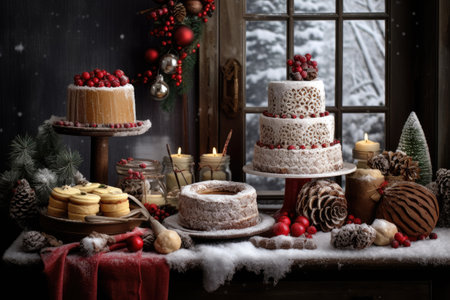 Christmas holiday in winter season decorate with gift boxes, tree and ornaments, Snowflakes background, Happy new year celebration, Special event scene with copy space.の素材