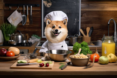 A Dog with a cute chef's outfit that preparing a delicious meal in the kitchen, Chef costume ready to cook for dinner, funny moment, an ingredient for cooking, pet concept.の素材