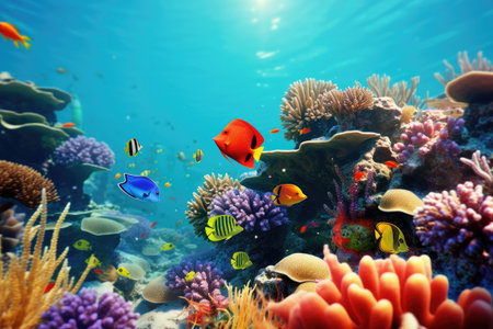 Underwater with colorful sea life fishes and plant at seabed background, Colorful Coral reef landscape in the deep of ocean. Marine life concept, Underwater world scene.の素材