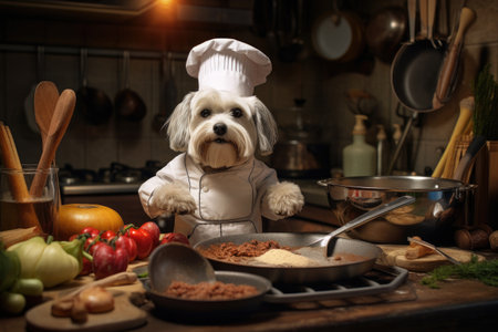 A Dog with a cute chef's outfit that preparing a delicious meal in the kitchen, Chef costume ready to cook for dinner, funny moment, an ingredient for cooking, pet concept.の素材
