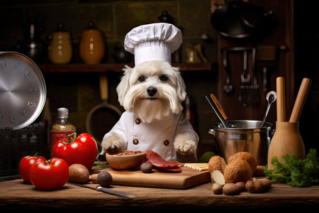 A Dog with a cute chef's outfit that preparing a delicious meal in the kitchen, Chef costume ready to cook for dinner, funny moment, an ingredient for cooking, pet concept.の素材